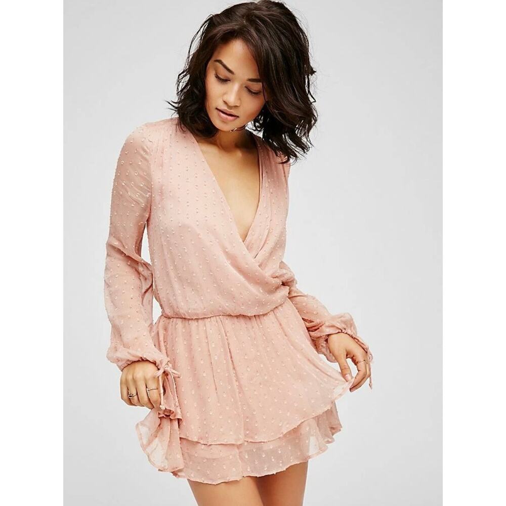 Free People Dahlia Dropwaist Blush Pink Swiss Dot Long Sleeve Lined Mini Dress